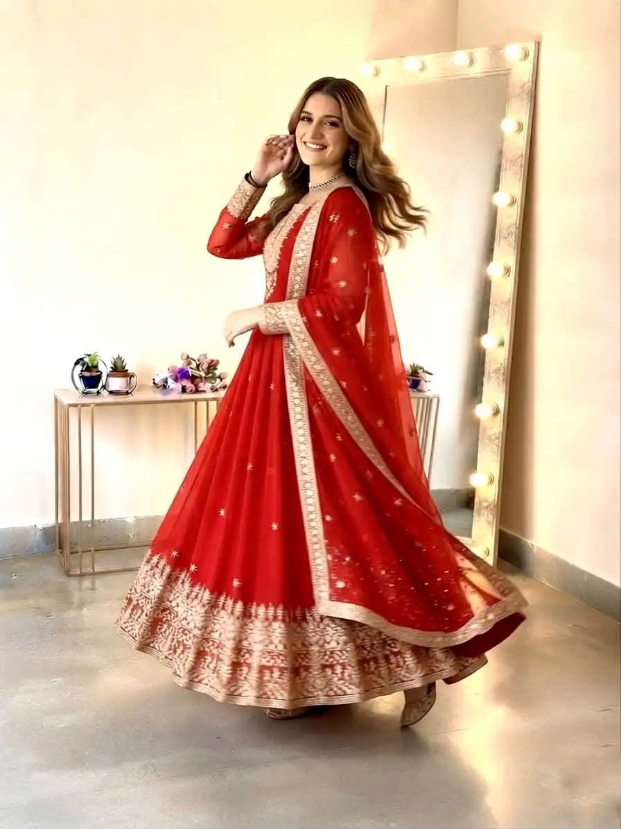 SSR 546 Red in Georgette Embroidery Work & Sequins Work Gown . Get it for ₹2149. Delivery 4-6 Working Days. Online Shop now. | Bollywood Gowns, Creative Gowns, Designer Gowns, Embroidered Gowns, Gowns, Party Wear Gowns