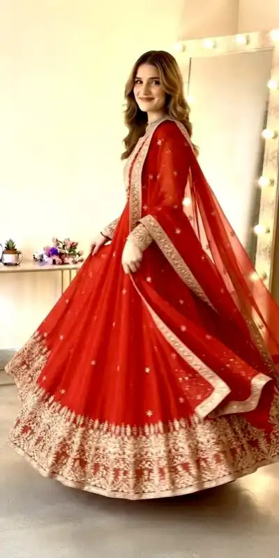 SSR 546 Red in Georgette Embroidery Work & Sequins Work Gown . Get it for ₹2149. Delivery 4-6 Working Days. Online Shop now. | Bollywood Gowns, Creative Gowns, Designer Gowns, Embroidered Gowns, Gowns, Party Wear Gowns