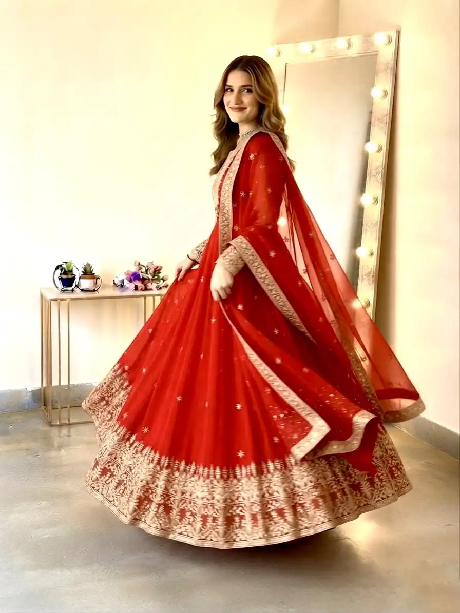 SSR 546 Red in Georgette Embroidery Work & Sequins Work Gown . Get it for ₹2149. Delivery 4-6 Working Days. Online Shop now. | Bollywood Gowns, Creative Gowns, Designer Gowns, Embroidered Gowns, Gowns, Party Wear Gowns