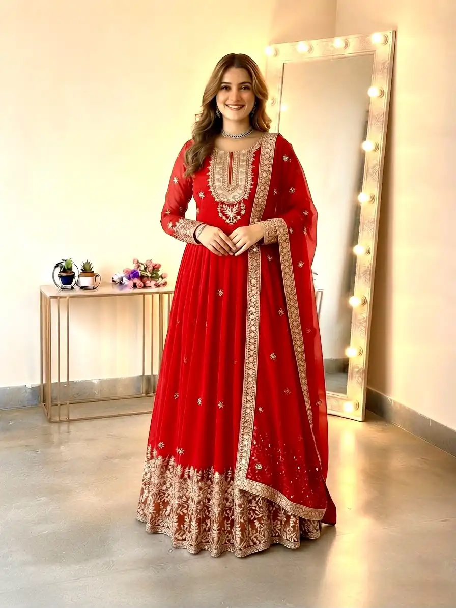 SSR 546 Red in Georgette Embroidery Work & Sequins Work Gown . Get it for ₹2149. Delivery 4-6 Working Days. Online Shop now. | Bollywood Gowns, Creative Gowns, Designer Gowns, Embroidered Gowns, Gowns, Party Wear Gowns