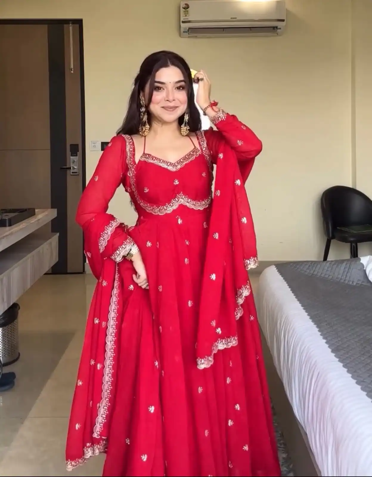 NSR 874 Red Georgette Thread With Sequence Gown Perfect for Wedding, Party, Reception, Holi, Eid . Available at ₹1799 only. Delivery 4-6 Working Days. | Bollywood Gowns, Creative Gowns, Designer Gowns, Embroidered Gowns, Gowns, Party Wear Gowns