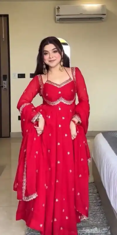 NSR 874 Red Georgette Thread With Sequence Gown Perfect for Wedding, Party, Reception, Holi, Eid . Available at ₹1799 only. Delivery 4-6 Working Days. | Bollywood Gowns, Creative Gowns, Designer Gowns, Embroidered Gowns, Gowns, Party Wear Gowns