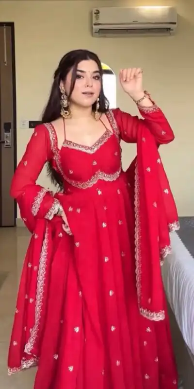 NSR 874 Red Georgette Thread With Sequence Gown Perfect for Wedding, Party, Reception, Holi, Eid . Available at ₹1799 only. Delivery 4-6 Working Days. | Bollywood Gowns, Creative Gowns, Designer Gowns, Embroidered Gowns, Gowns, Party Wear Gowns