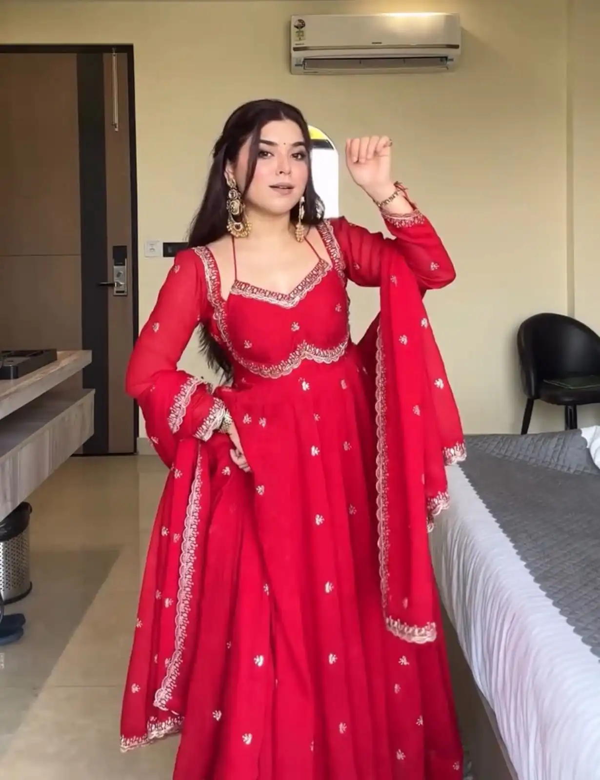 NSR 874 Red Georgette Thread With Sequence Gown Perfect for Wedding, Party, Reception, Holi, Eid . Available at ₹1799 only. Delivery 4-6 Working Days. | Bollywood Gowns, Creative Gowns, Designer Gowns, Embroidered Gowns, Gowns, Party Wear Gowns
