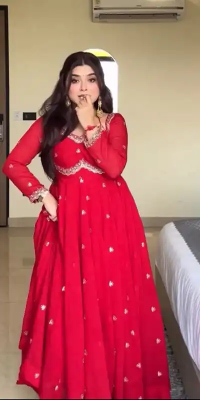 NSR 874 Red Georgette Thread With Sequence Gown Perfect for Wedding, Party, Reception, Holi, Eid . Available at ₹1799 only. Delivery 4-6 Working Days. | Bollywood Gowns, Creative Gowns, Designer Gowns, Embroidered Gowns, Gowns, Party Wear Gowns