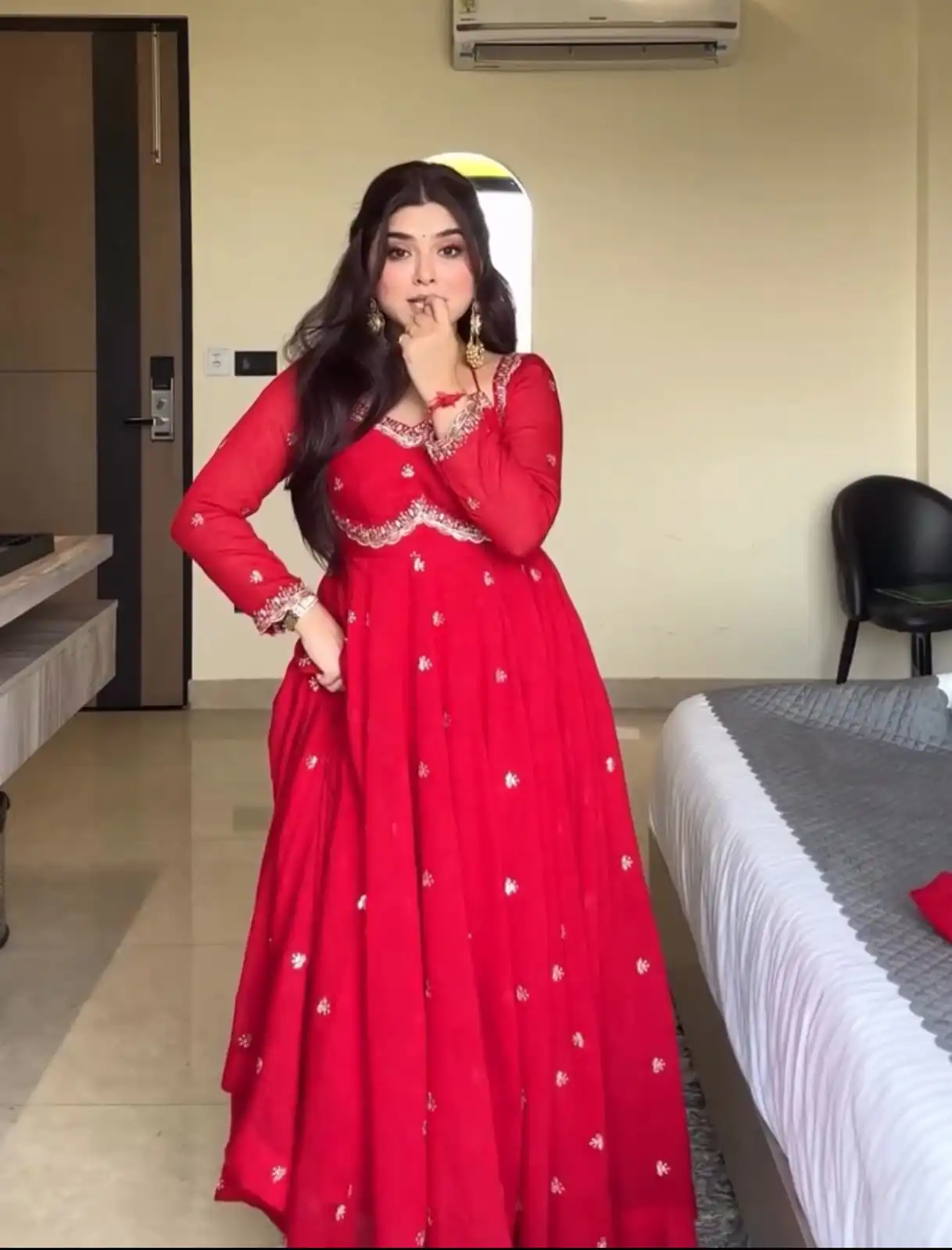 NSR 874 Red Georgette Thread With Sequence Gown Perfect for Wedding, Party, Reception, Holi, Eid . Available at ₹1799 only. Delivery 4-6 Working Days. | Bollywood Gowns, Creative Gowns, Designer Gowns, Embroidered Gowns, Gowns, Party Wear Gowns
