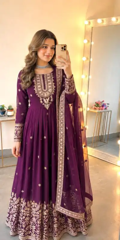 SSR 546 Wine in Georgette Embroidery Work & Sequins Work Gown . Get it for ₹2149. Delivery 4-6 Working Days. Online Shop now. | Bollywood Gowns, Creative Gowns, Designer Gowns, Embroidered Gowns, Gowns, Party Wear Gowns