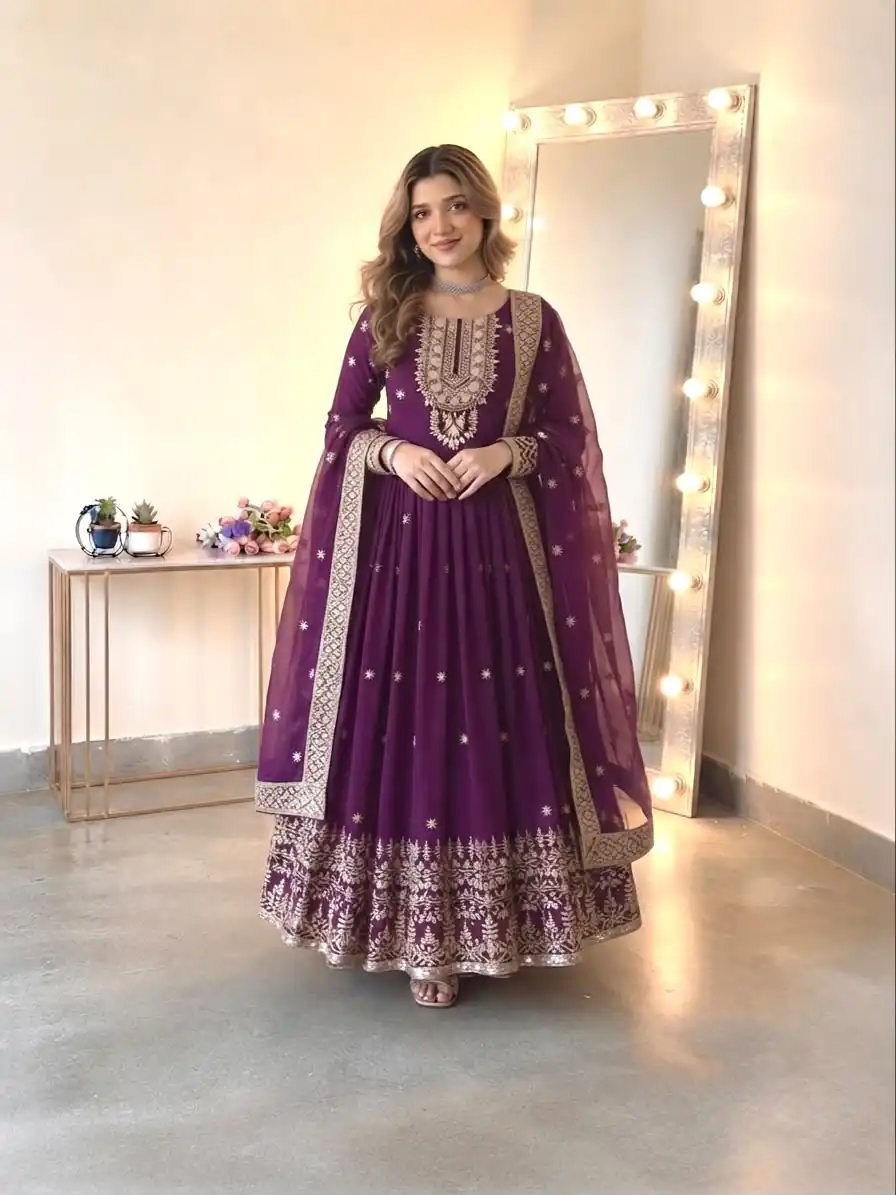 SSR 546 Wine in Georgette Embroidery Work & Sequins Work Gown . Get it for ₹2149. Delivery 4-6 Working Days. Online Shop now. | Bollywood Gowns, Creative Gowns, Designer Gowns, Embroidered Gowns, Gowns, Party Wear Gowns
