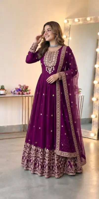 SSR 546 Wine in Georgette Embroidery Work & Sequins Work Gown . Get it for ₹2149. Delivery 4-6 Working Days. Online Shop now. | Bollywood Gowns, Creative Gowns, Designer Gowns, Embroidered Gowns, Gowns, Party Wear Gowns