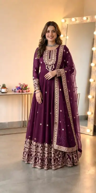 SSR 546 Wine in Georgette Embroidery Work & Sequins Work Gown . Get it for ₹2149. Delivery 4-6 Working Days. Online Shop now. | Bollywood Gowns, Creative Gowns, Designer Gowns, Embroidered Gowns, Gowns, Party Wear Gowns