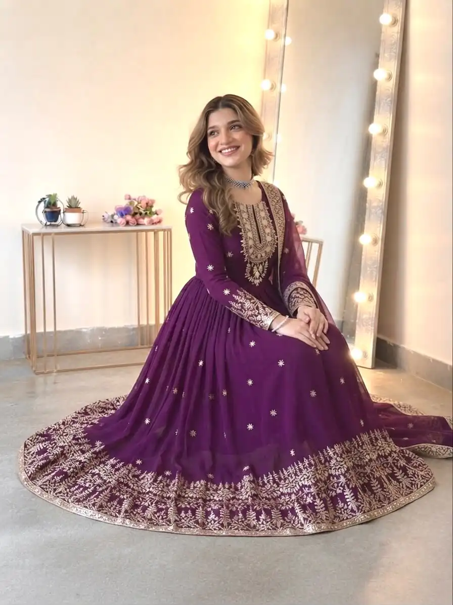SSR 546 Wine in Georgette Embroidery Work & Sequins Work Gown . Get it for ₹2149. Delivery 4-6 Working Days. Online Shop now. | Bollywood Gowns, Creative Gowns, Designer Gowns, Embroidered Gowns, Gowns, Party Wear Gowns