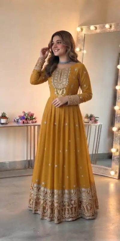 SSR 546 Yellow in Georgette Embroidery Work & Sequins Work Gown . Get it for ₹2149. Delivery 4-6 Working Days. Online Shop now. | Bollywood Gowns, Creative Gowns, Designer Gowns, Embroidered Gowns, Gowns, Party Wear Gowns