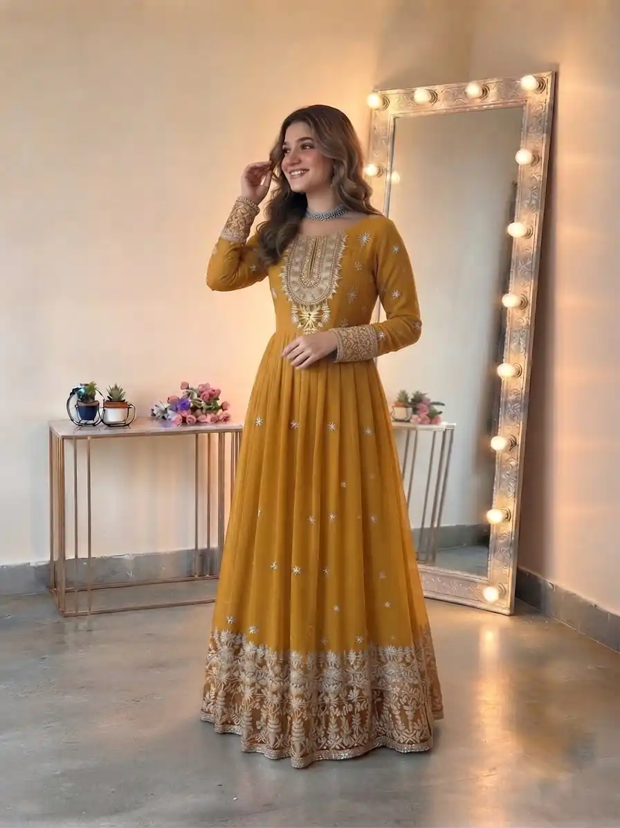 SSR 546 Yellow in Georgette Embroidery Work & Sequins Work Gown . Get it for ₹2149. Delivery 4-6 Working Days. Online Shop now. | Bollywood Gowns, Creative Gowns, Designer Gowns, Embroidered Gowns, Gowns, Party Wear Gowns