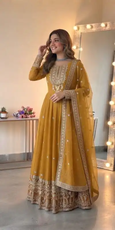 SSR 546 Yellow in Georgette Embroidery Work & Sequins Work Gown . Get it for ₹2149. Delivery 4-6 Working Days. Online Shop now. | Bollywood Gowns, Creative Gowns, Designer Gowns, Embroidered Gowns, Gowns, Party Wear Gowns