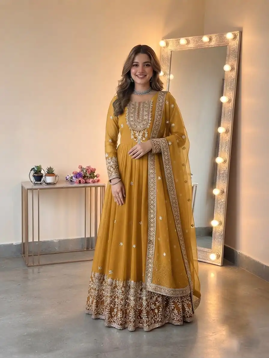SSR 546 Yellow in Georgette Embroidery Work & Sequins Work Gown . Get it for ₹2149. Delivery 4-6 Working Days. Online Shop now. | Bollywood Gowns, Creative Gowns, Designer Gowns, Embroidered Gowns, Gowns, Party Wear Gowns