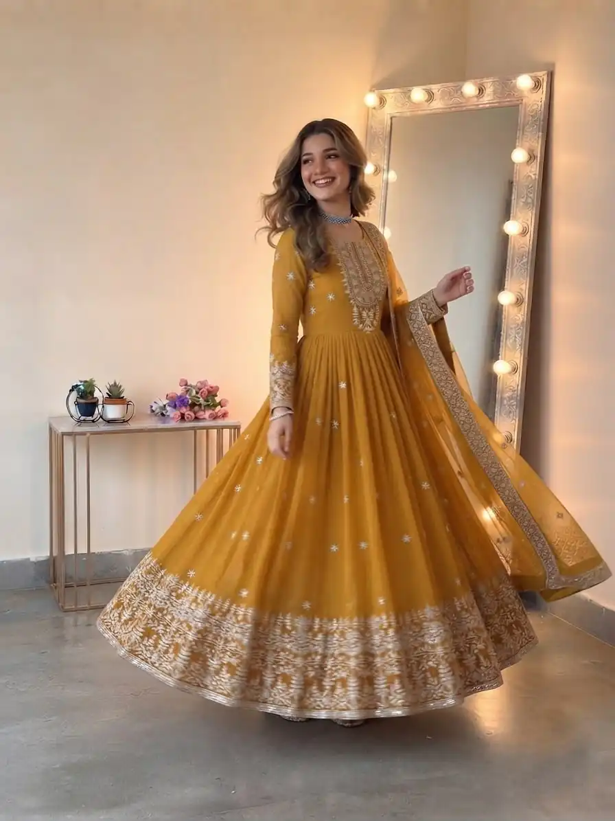 SSR 546 Yellow in Georgette Embroidery Work & Sequins Work Gown . Get it for ₹2149. Delivery 4-6 Working Days. Online Shop now. | Bollywood Gowns, Creative Gowns, Designer Gowns, Embroidered Gowns, Gowns, Party Wear Gowns