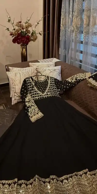 JF 049 Black Georgette Gown with Embroidery Work & Sequins Work. Exclusive Offer ₹2149. Delivery 4-6 Working Days. Shop now. | Bollywood Gowns, Creative Gowns, Designer Gowns, Embroidered Gowns, Gowns, Party Wear Gowns