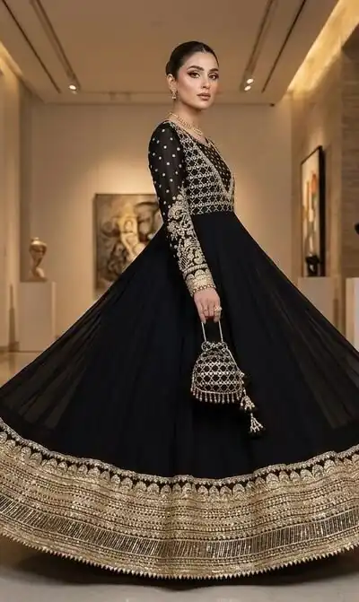 JF 049 Black Georgette Gown with Embroidery Work & Sequins Work. Exclusive Offer ₹2149. Delivery 4-6 Working Days. Shop now. | Bollywood Gowns, Creative Gowns, Designer Gowns, Embroidered Gowns, Gowns, Party Wear Gowns