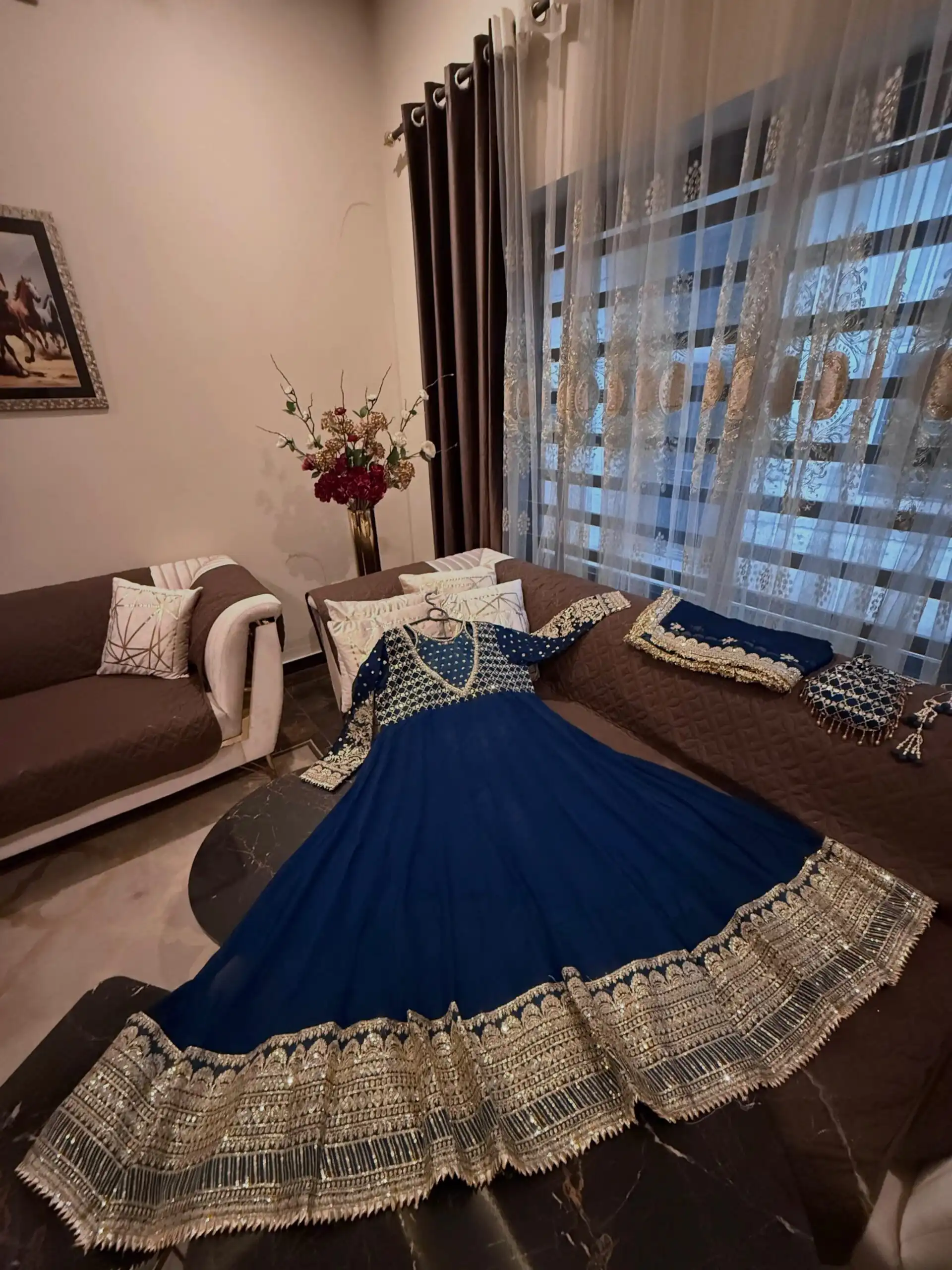 JF 049 Navy Blue Georgette Gown with Embroidery Work & Sequins Work. Exclusive Offer ₹2149. Delivery 4-6 Working Days. Shop now. | Bollywood Gowns, Creative Gowns, Designer Gowns, Embroidered Gowns, Gowns, Party Wear Gowns