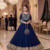 JF 049 Navy Blue Georgette Gown with Embroidery Work & Sequins Work. Exclusive Offer ₹2149. Delivery 4-6 Working Days. Shop now. | Bollywood Gowns, Creative Gowns, Designer Gowns, Embroidered Gowns, Gowns, Party Wear Gowns