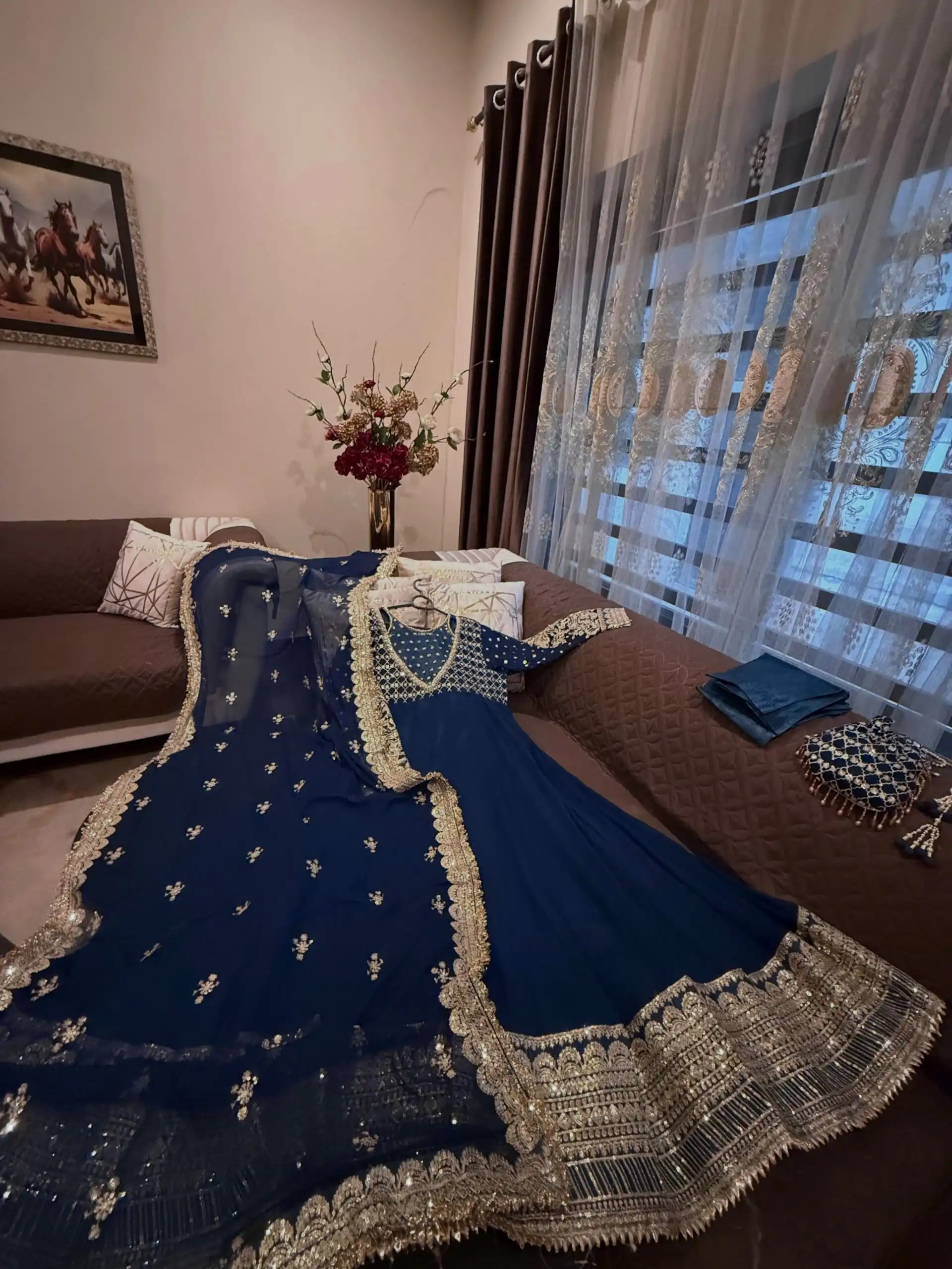 JF 049 Navy Blue Georgette Gown with Embroidery Work & Sequins Work. Exclusive Offer ₹2149. Delivery 4-6 Working Days. Shop now. | Bollywood Gowns, Creative Gowns, Designer Gowns, Embroidered Gowns, Gowns, Party Wear Gowns