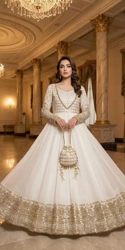JF 049 White Georgette Gown with Embroidery Work & Sequins Work. Exclusive Offer ₹2149. Delivery 4-6 Working Days. Shop now. | Bollywood Gowns, Creative Gowns, Designer Gowns, Embroidered Gowns, Gowns, Party Wear Gowns