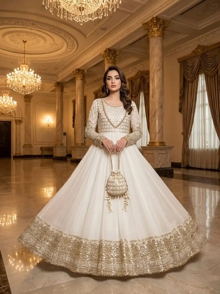 JF 049 White Georgette Gown with Embroidery Work & Sequins Work. Exclusive Offer ₹2149. Delivery 4-6 Working Days. Shop now. | Bollywood Gowns, Creative Gowns, Designer Gowns, Embroidered Gowns, Gowns, Party Wear Gowns