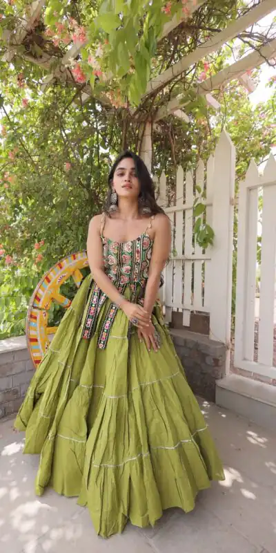 KA 5075 Pista Kora Cotton Lehenga Choli erfect for Wedding, Party, Haldi, Traditional Day, Makar Sankranti – . Special Price ₹2899. Delivery 4-6 Working | Bollywood Lehenga, Creative Lehenga, Designer Lehenga, Embroidered Lehenga, Lehenga, Party Wear Lehenga