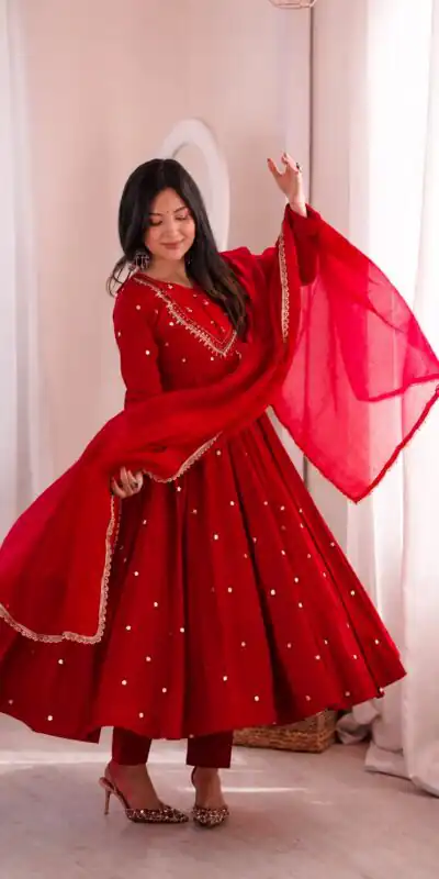ZF 5023 Red Roman Silk Gown with Mirror Work & Embroidery Work. Special Price ₹2099. Delivery 4-6 Working Days. Shop now. | Bollywood Gowns, Creative Gowns, Designer Gowns, Embroidered Gowns, Gowns, Party Wear Gowns