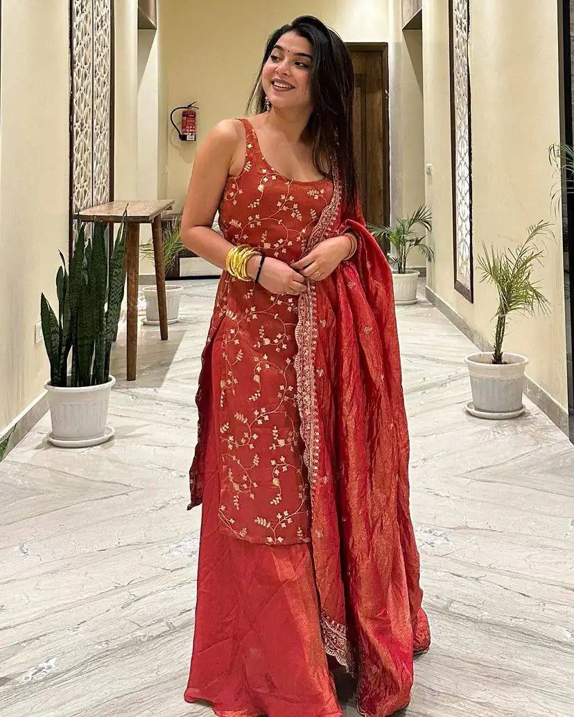 ST 174 Rust Zimmy Silk Salwar Suit Perfect for Wedding, Party, Karwa Chauth, Haldi, Eid – . Special Price ₹1999. Delivery 4-6 Working Days. Shop no | Jump Suits, Straight Suits, Casual Suits, Creative suits, Designer Suits, Palazzo Suits, Party Wear Suits, Patiala Suits, Salwar suit