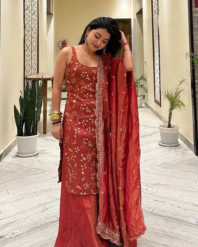 ST 174 Rust Zimmy Silk Salwar Suit Perfect for Wedding, Party, Karwa Chauth, Haldi, Eid – . Special Price ₹1999. Delivery 4-6 Working Days. Shop no | Jump Suits, Straight Suits, Casual Suits, Creative suits, Designer Suits, Palazzo Suits, Party Wear Suits, Patiala Suits, Salwar suit
