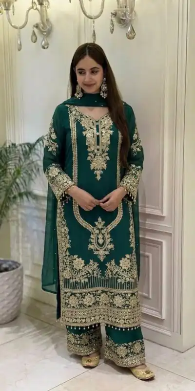 NSR 910 Green Faux Georgette Salwar Suit with Mirror Work & Embroidery Work. Get it for ₹2399. Delivery 4-6 Working Days. Shop now. | Jump Suits, Straight Suits, Casual Suits, Creative suits, Designer Suits, Palazzo Suits, Party Wear Suits, Patiala Suits, Salwar suit