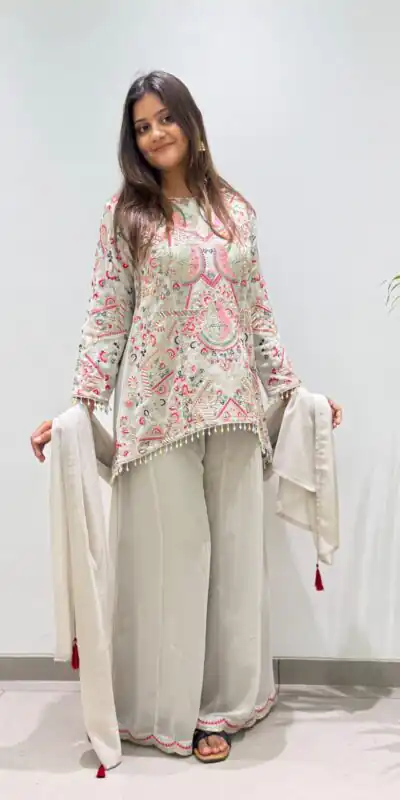 BE 489 Grey Faux Georgette Salwar Suit with Mirror Work & Embroidery Work. Get it for ₹2899. Delivery 4-6 Working Days. Shop now. | Jump Suits, Straight Suits, Casual Suits, Creative suits, Designer Suits, Palazzo Suits, Party Wear Suits, Patiala Suits, Salwar suit