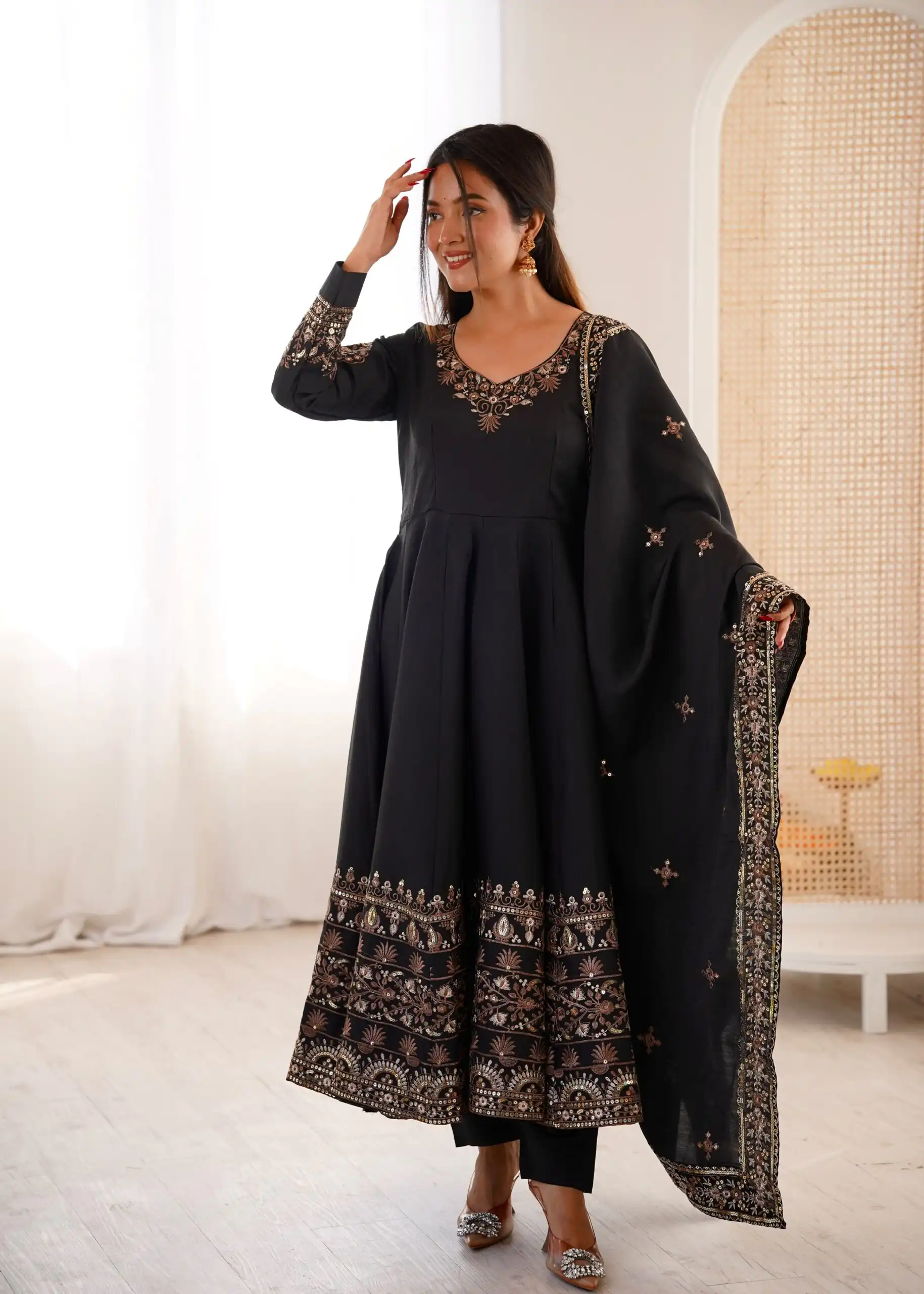ZF 5016 Black Roman Silk Gown with Embroidery Work. Wedding, Party, Festive, Events, Navratri, Exclusive Offer ₹2499. Delivery 4-6 Working Days. Shop now. | Bollywood Gowns, Creative Gowns, Designer Gowns, Embroidered Gowns, Gowns, Party Wear Gowns