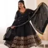 ZF 5016 Black Roman Silk Gown with Embroidery Work. Wedding, Party, Festive, Events, Navratri, Exclusive Offer ₹2499. Delivery 4-6 Working Days. Shop now. | Bollywood Gowns, Creative Gowns, Designer Gowns, Embroidered Gowns, Gowns, Party Wear Gowns