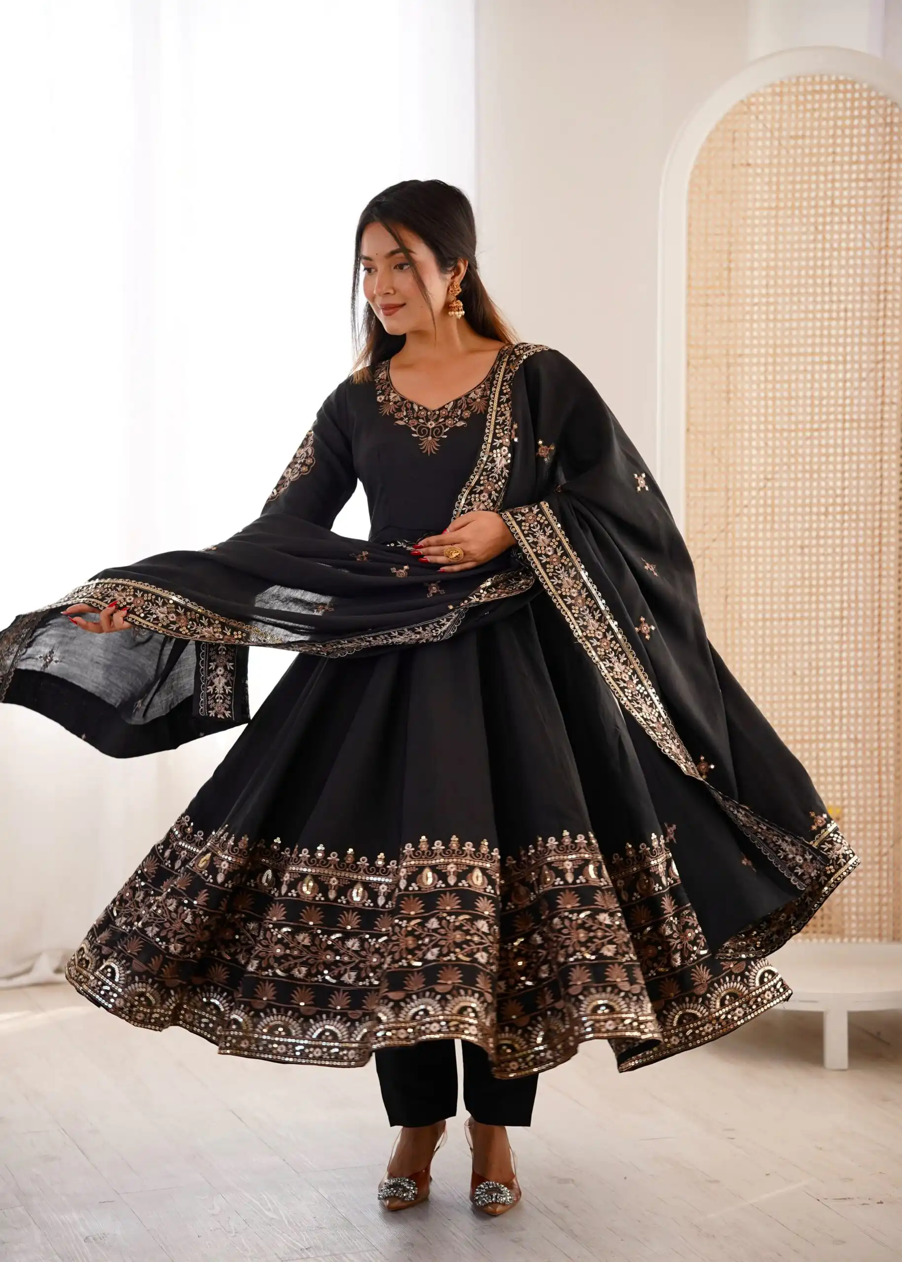 ZF 5016 Black Roman Silk Gown with Embroidery Work. Wedding, Party, Festive, Events, Navratri, Exclusive Offer ₹2499. Delivery 4-6 Working Days. Shop now. | Bollywood Gowns, Creative Gowns, Designer Gowns, Embroidered Gowns, Gowns, Party Wear Gowns