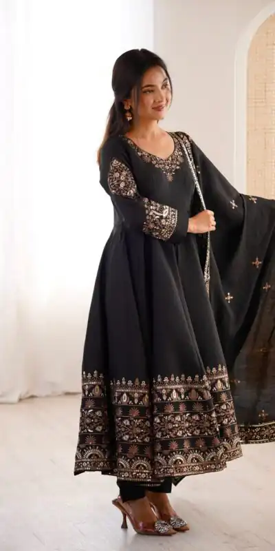 ZF 5016 Black Roman Silk Gown with Embroidery Work. Wedding, Party, Festive, Events, Navratri, Exclusive Offer ₹2499. Delivery 4-6 Working Days. Shop now. | Bollywood Gowns, Creative Gowns, Designer Gowns, Embroidered Gowns, Gowns, Party Wear Gowns