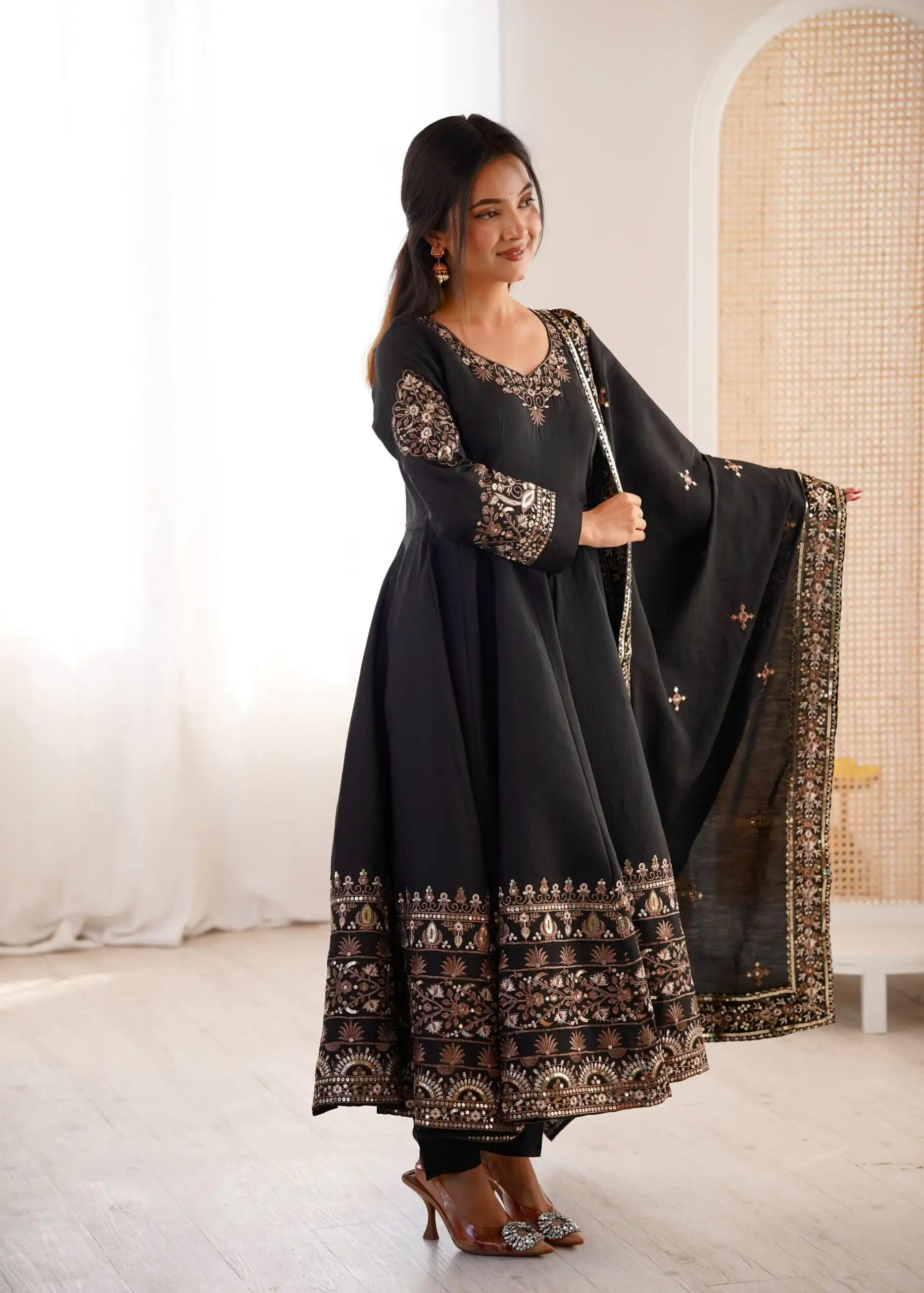 ZF 5016 Black Roman Silk Gown with Embroidery Work. Wedding, Party, Festive, Events, Navratri, Exclusive Offer ₹2499. Delivery 4-6 Working Days. Shop now. | Bollywood Gowns, Creative Gowns, Designer Gowns, Embroidered Gowns, Gowns, Party Wear Gowns