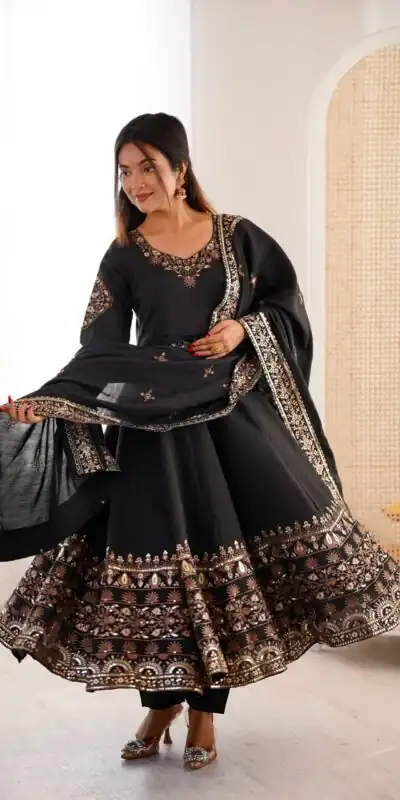 ZF 5016 Black Roman Silk Gown with Embroidery Work. Wedding, Party, Festive, Events, Navratri, Exclusive Offer ₹2499. Delivery 4-6 Working Days. Shop now. | Bollywood Gowns, Creative Gowns, Designer Gowns, Embroidered Gowns, Gowns, Party Wear Gowns