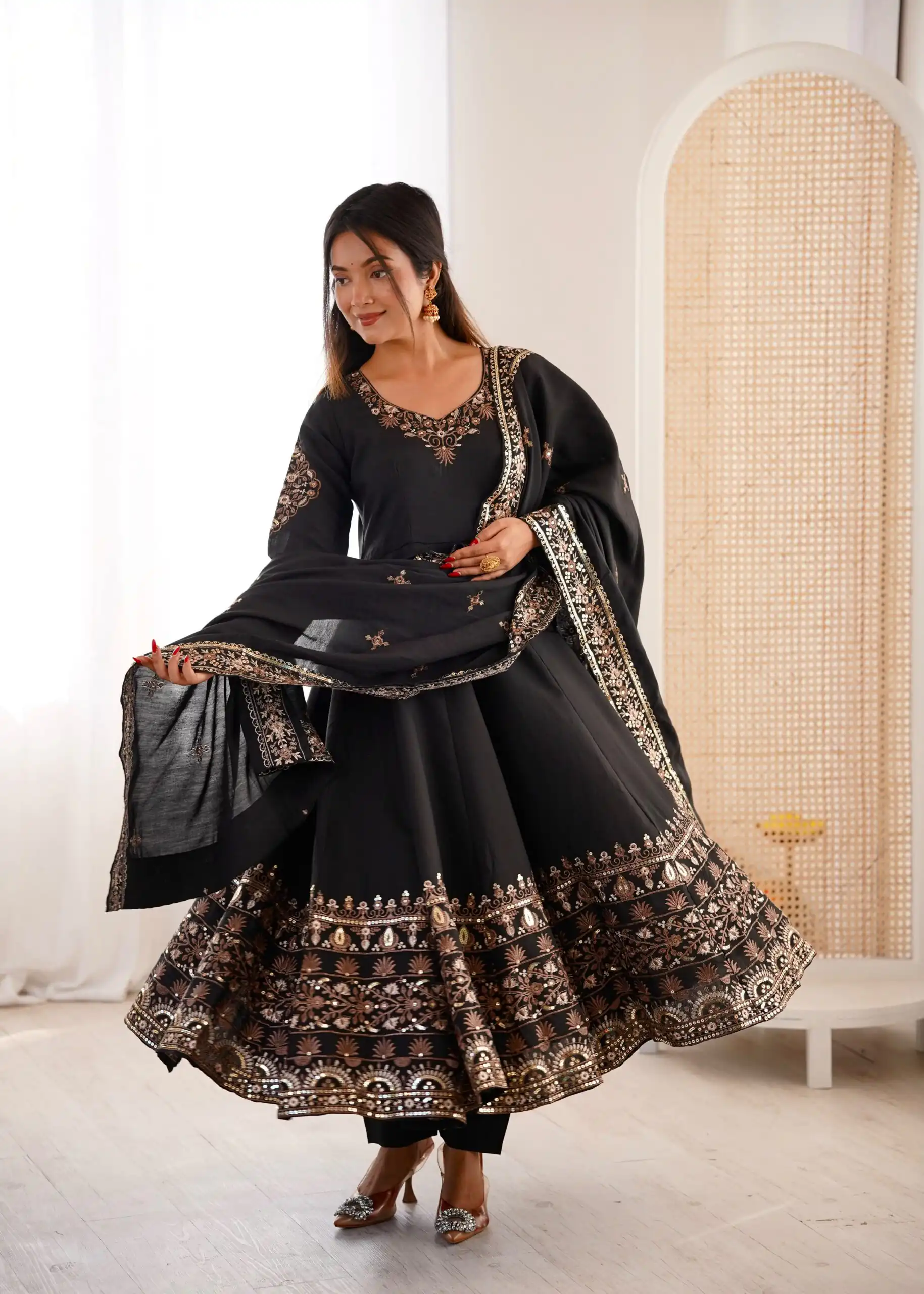 ZF 5016 Black Roman Silk Gown with Embroidery Work. Wedding, Party, Festive, Events, Navratri, Exclusive Offer ₹2499. Delivery 4-6 Working Days. Shop now. | Bollywood Gowns, Creative Gowns, Designer Gowns, Embroidered Gowns, Gowns, Party Wear Gowns