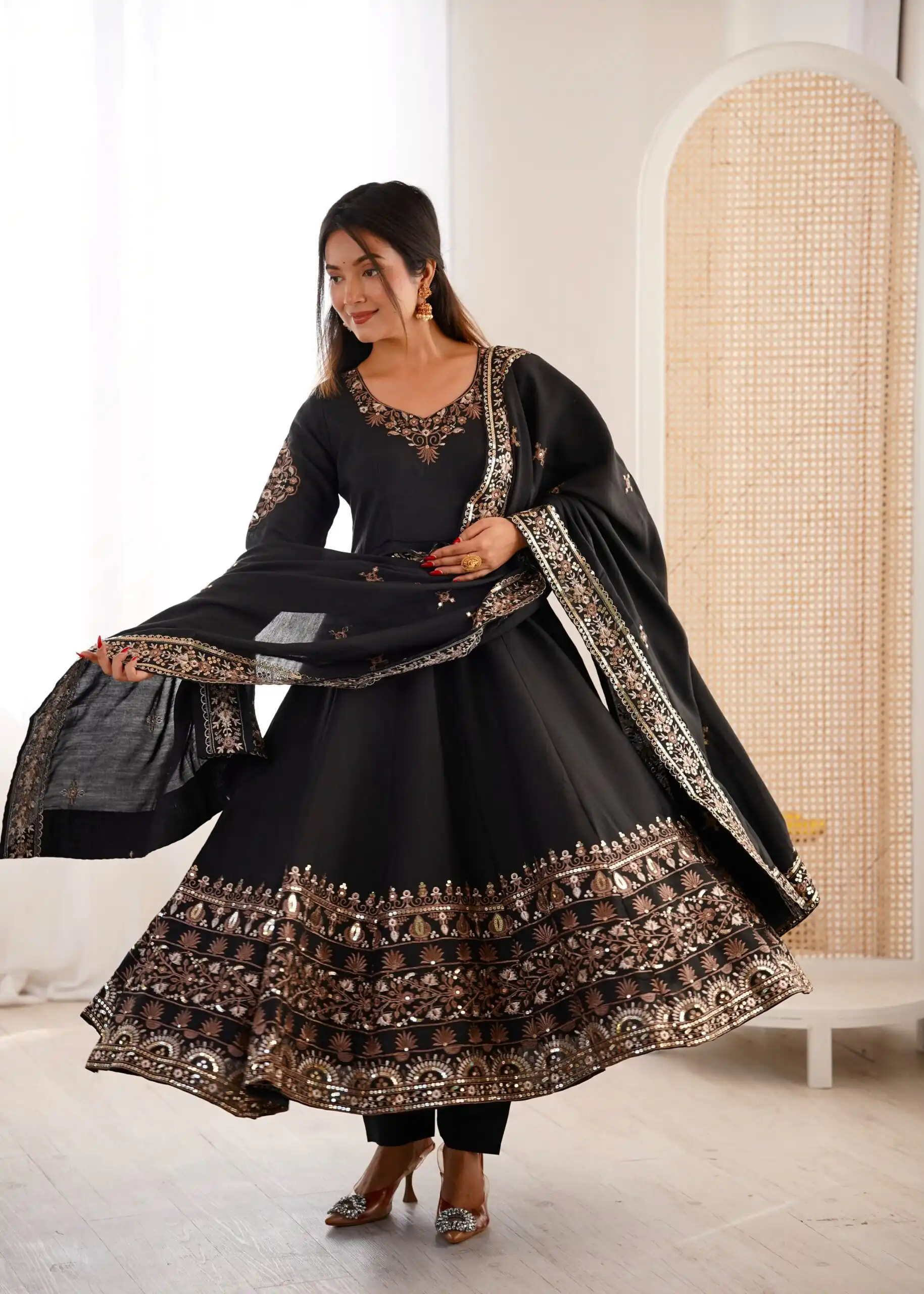 ZF 5016 Black Roman Silk Gown with Embroidery Work. Wedding, Party, Festive, Events, Navratri, Exclusive Offer ₹2499. Delivery 4-6 Working Days. Shop now. | Bollywood Gowns, Creative Gowns, Designer Gowns, Embroidered Gowns, Gowns, Party Wear Gowns
