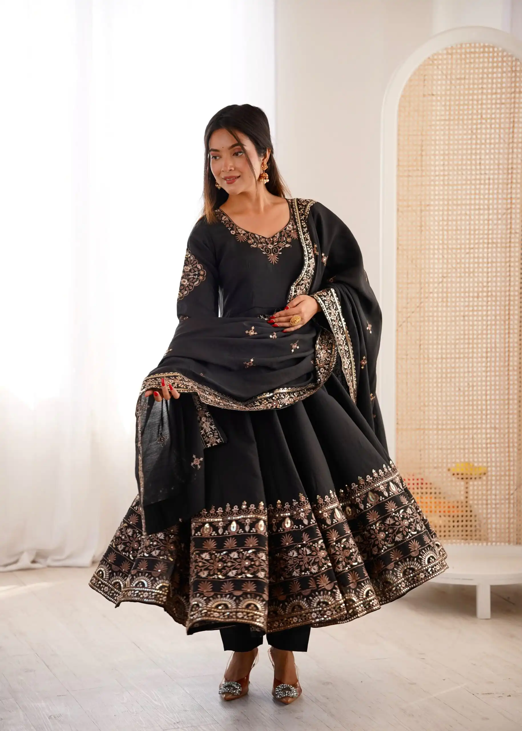 ZF 5016 Black Roman Silk Gown with Embroidery Work. Wedding, Party, Festive, Events, Navratri, Exclusive Offer ₹2499. Delivery 4-6 Working Days. Shop now. | Bollywood Gowns, Creative Gowns, Designer Gowns, Embroidered Gowns, Gowns, Party Wear Gowns