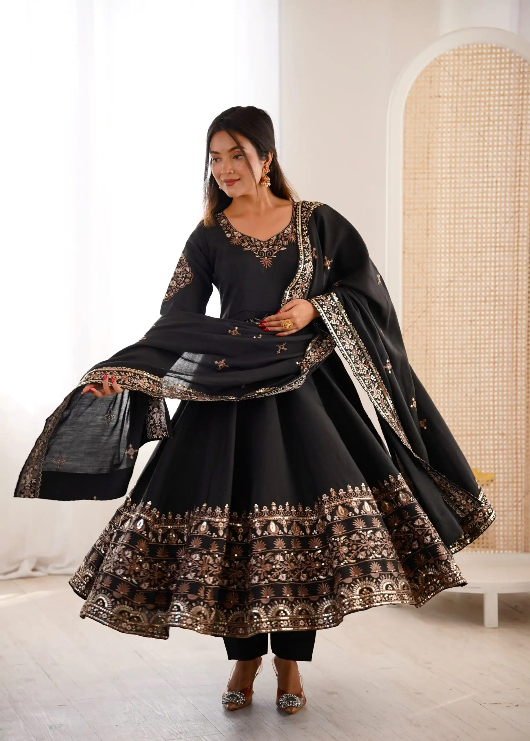 ZF 5016 Black Roman Silk Gown with Embroidery Work. Wedding, Party, Festive, Events, Navratri, Exclusive Offer ₹2499. Delivery 4-6 Working Days. Shop now. | Bollywood Gowns, Creative Gowns, Designer Gowns, Embroidered Gowns, Gowns, Party Wear Gowns