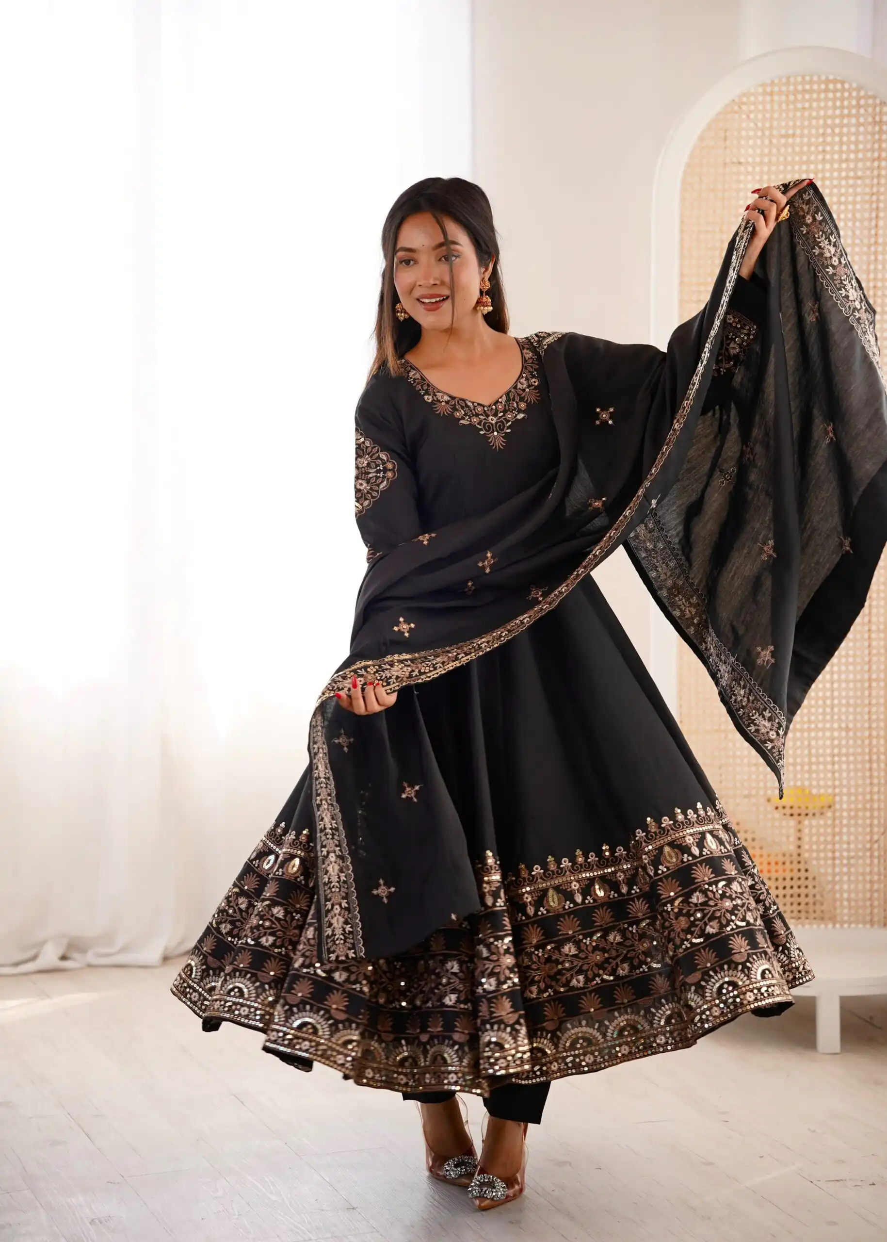 ZF 5016 Black Roman Silk Gown with Embroidery Work. Wedding, Party, Festive, Events, Navratri, Exclusive Offer ₹2499. Delivery 4-6 Working Days. Shop now. | Bollywood Gowns, Creative Gowns, Designer Gowns, Embroidered Gowns, Gowns, Party Wear Gowns