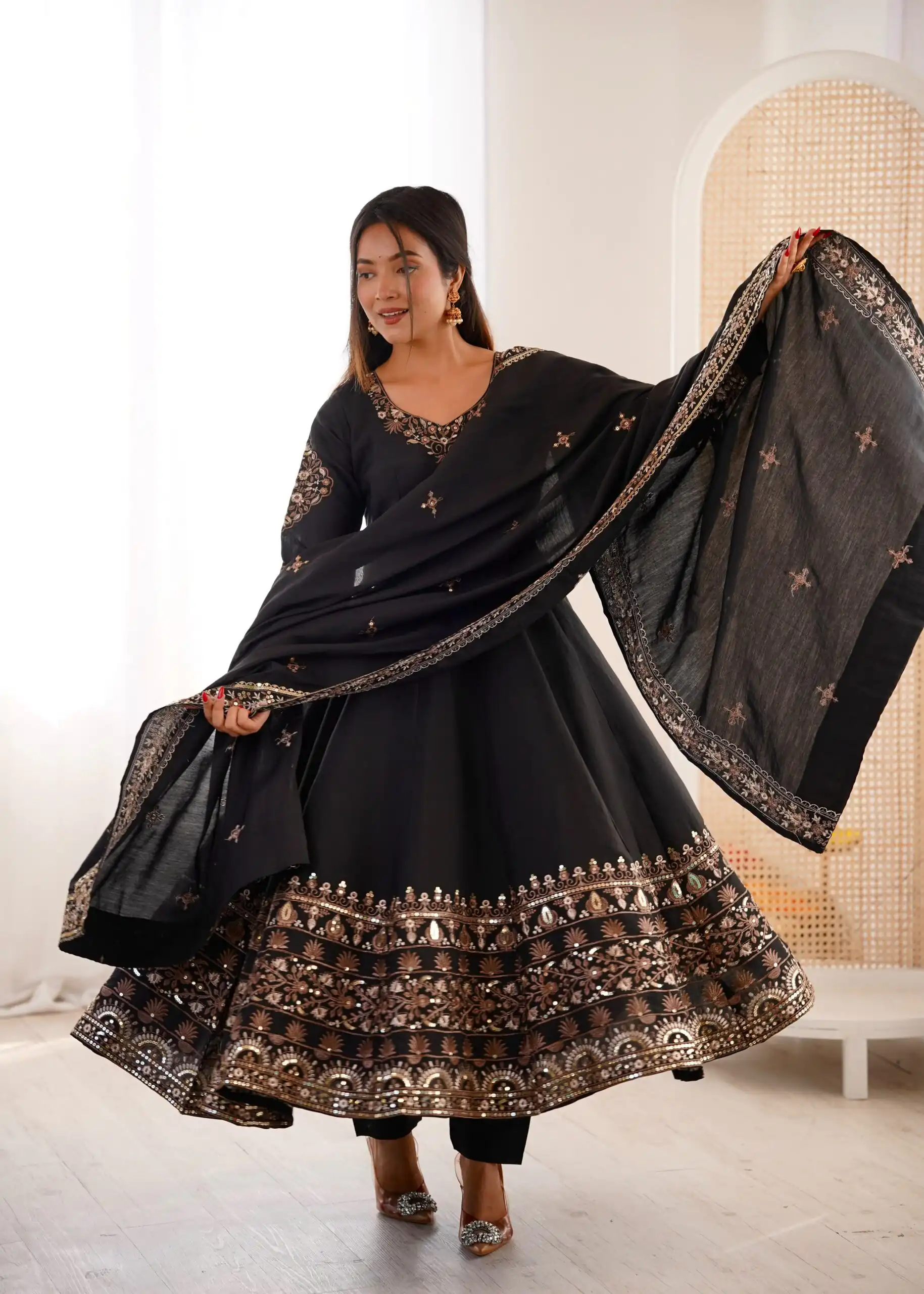 ZF 5016 Black Roman Silk Gown with Embroidery Work. Wedding, Party, Festive, Events, Navratri, Exclusive Offer ₹2499. Delivery 4-6 Working Days. Shop now. | Bollywood Gowns, Creative Gowns, Designer Gowns, Embroidered Gowns, Gowns, Party Wear Gowns