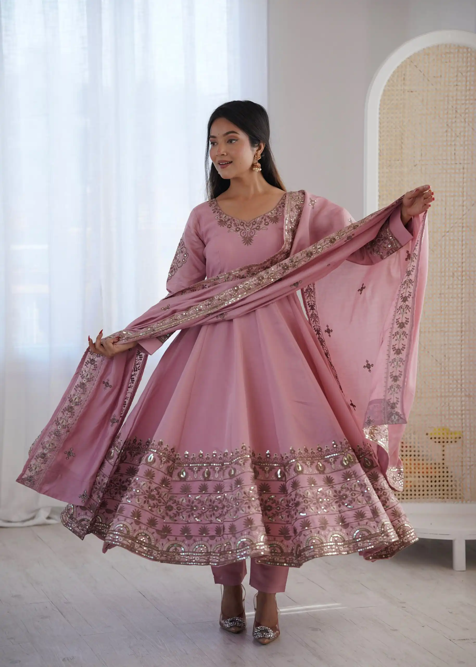 ZF 5016 Dusty Pink Roman Silk Gown with Embroidery Work. Wedding, Party, Festive, Events, Navratri, Offer ₹2499. Delivery 4-6 Working Days. Shop now. | Bollywood Gowns, Creative Gowns, Designer Gowns, Embroidered Gowns, Gowns, Party Wear Gowns