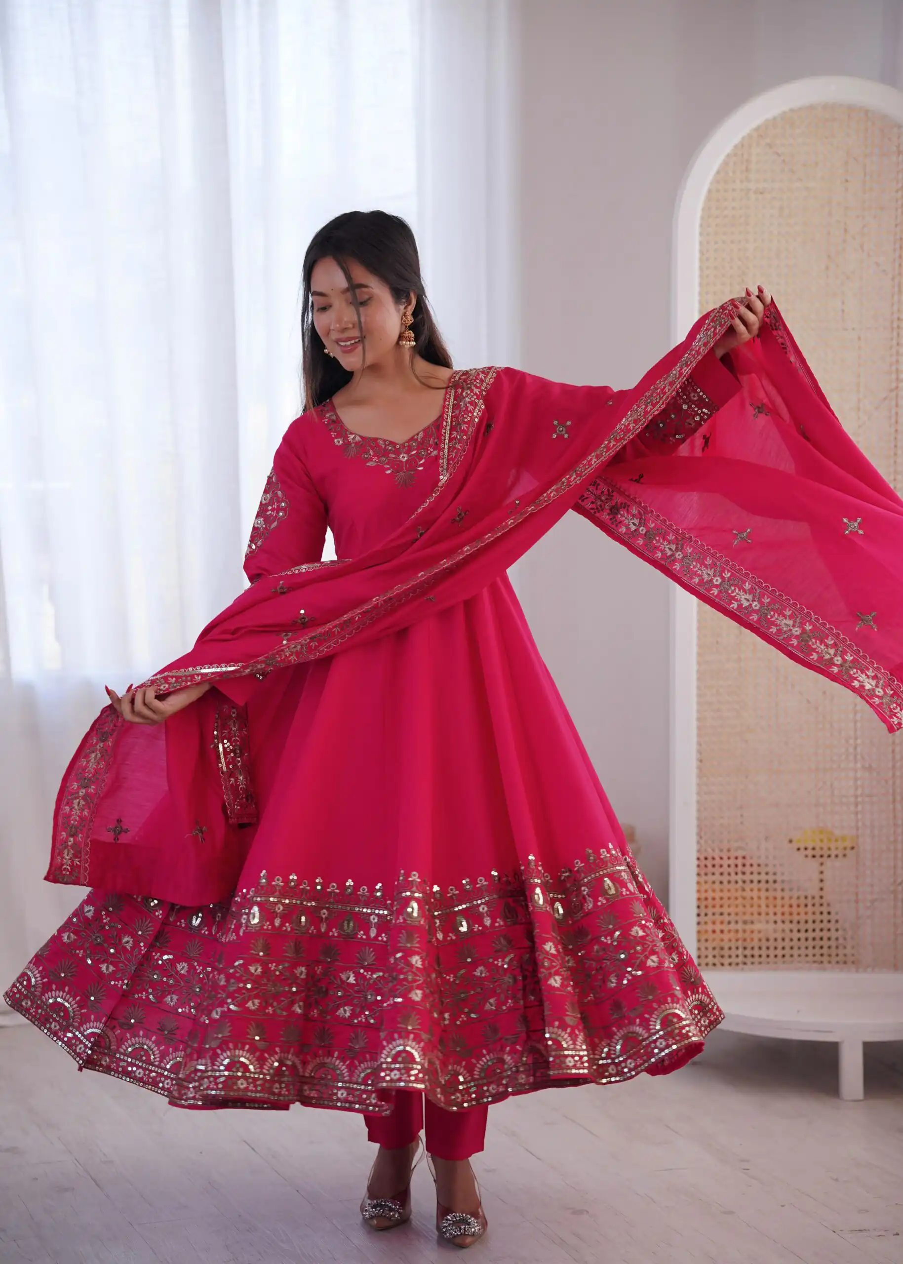 ZF 5016 Pink Roman Silk Gown with Embroidery Work. Wedding, Party, Festive, Events, Navratri, Exclusive Offer ₹2499. Delivery 4-6 Working Days. Shop now. | Bollywood Gowns, Creative Gowns, Designer Gowns, Embroidered Gowns, Gowns, Party Wear Gowns