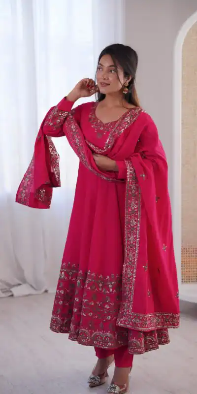 ZF 5016 Pink Roman Silk Gown with Embroidery Work. Wedding, Party, Festive, Events, Navratri, Exclusive Offer ₹2499. Delivery 4-6 Working Days. Shop now. | Bollywood Gowns, Creative Gowns, Designer Gowns, Embroidered Gowns, Gowns, Party Wear Gowns