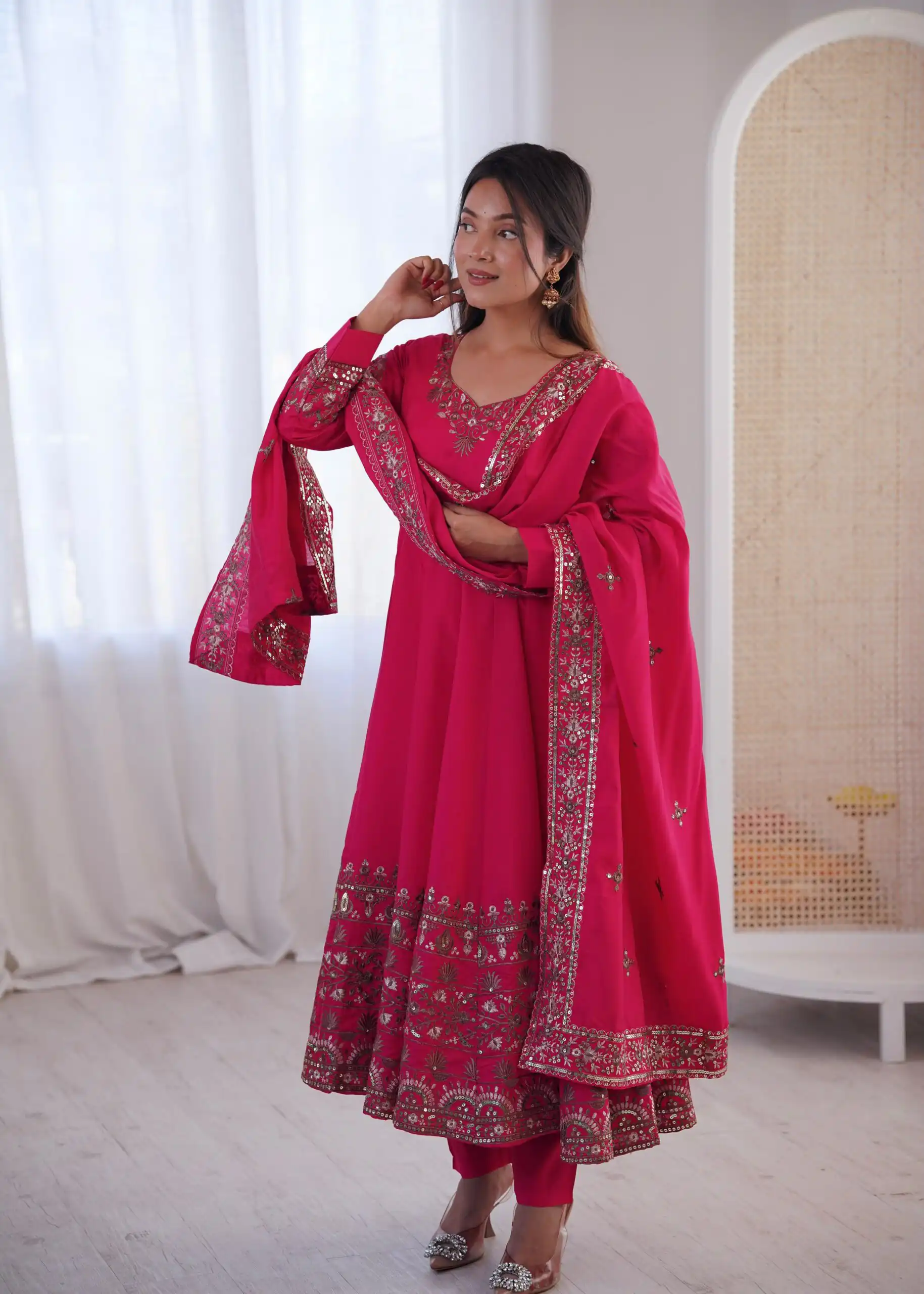 ZF 5016 Pink Roman Silk Gown with Embroidery Work. Wedding, Party, Festive, Events, Navratri, Exclusive Offer ₹2499. Delivery 4-6 Working Days. Shop now. | Bollywood Gowns, Creative Gowns, Designer Gowns, Embroidered Gowns, Gowns, Party Wear Gowns