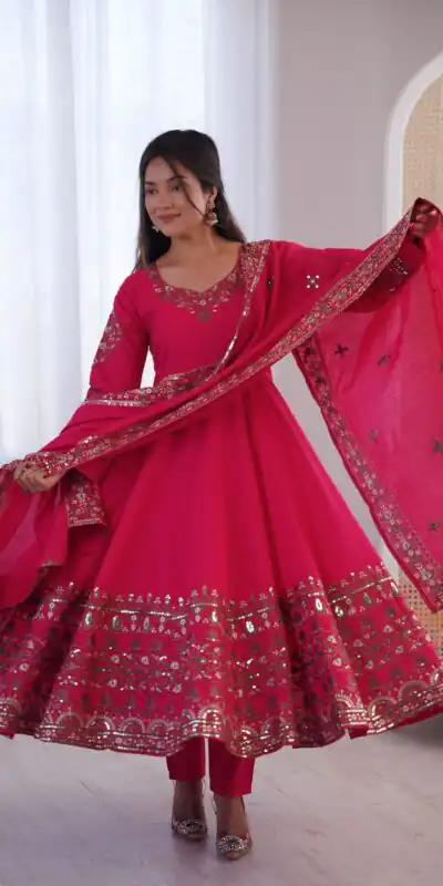 ZF 5016 Pink Roman Silk Gown with Embroidery Work. Wedding, Party, Festive, Events, Navratri, Exclusive Offer ₹2499. Delivery 4-6 Working Days. Shop now. | Bollywood Gowns, Creative Gowns, Designer Gowns, Embroidered Gowns, Gowns, Party Wear Gowns